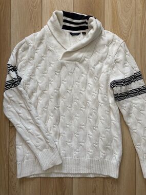Nautica White Cable Knit Chunky Nautical Shawl Collar Sweater Navy Stripes L